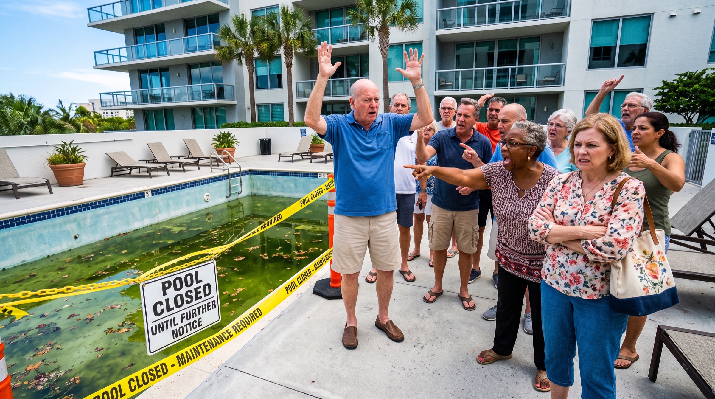 Frustrated condominium residents arguing beside a closed community pool while waiting for clear project information