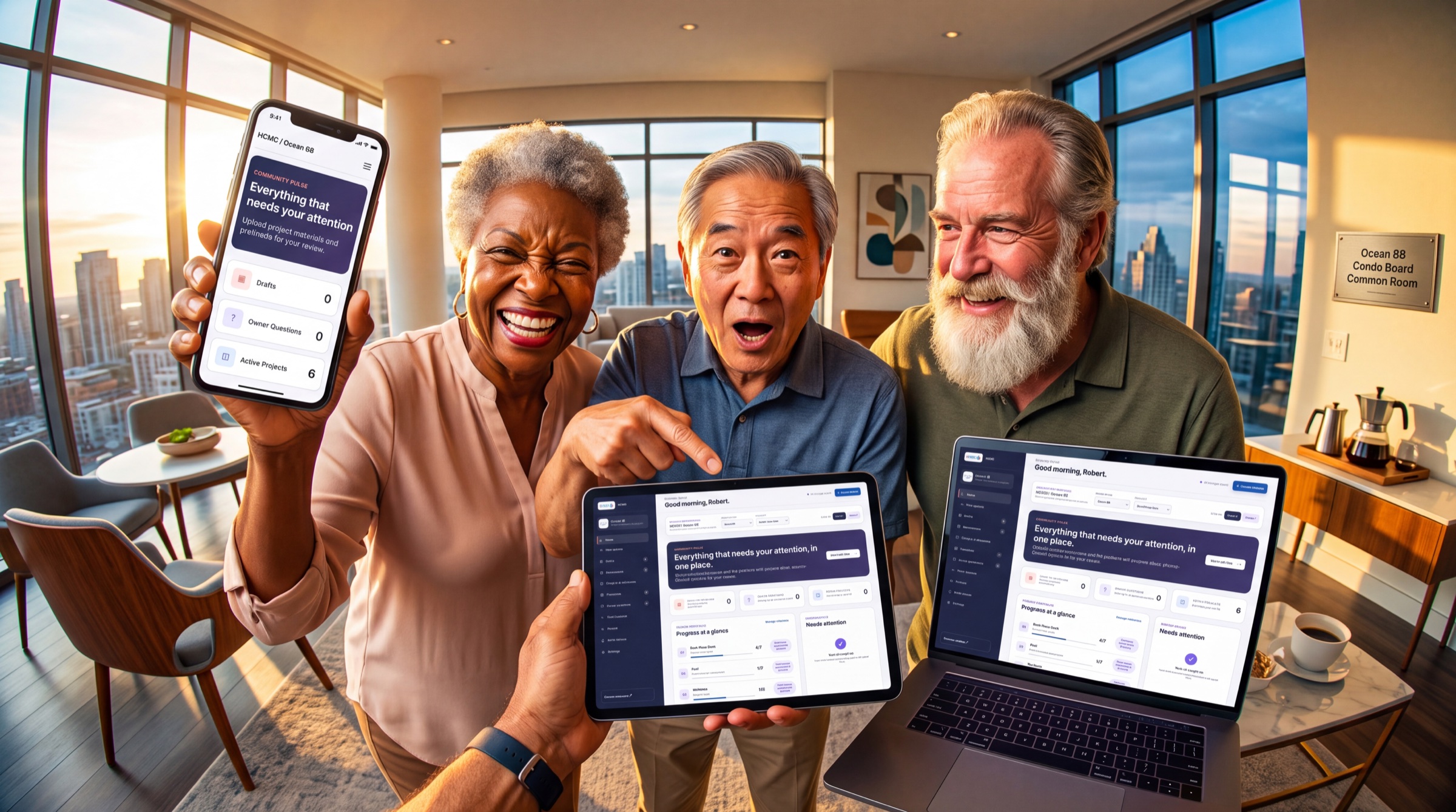 Smiling community residents reviewing their construction project portal on a phone, tablet, and laptop